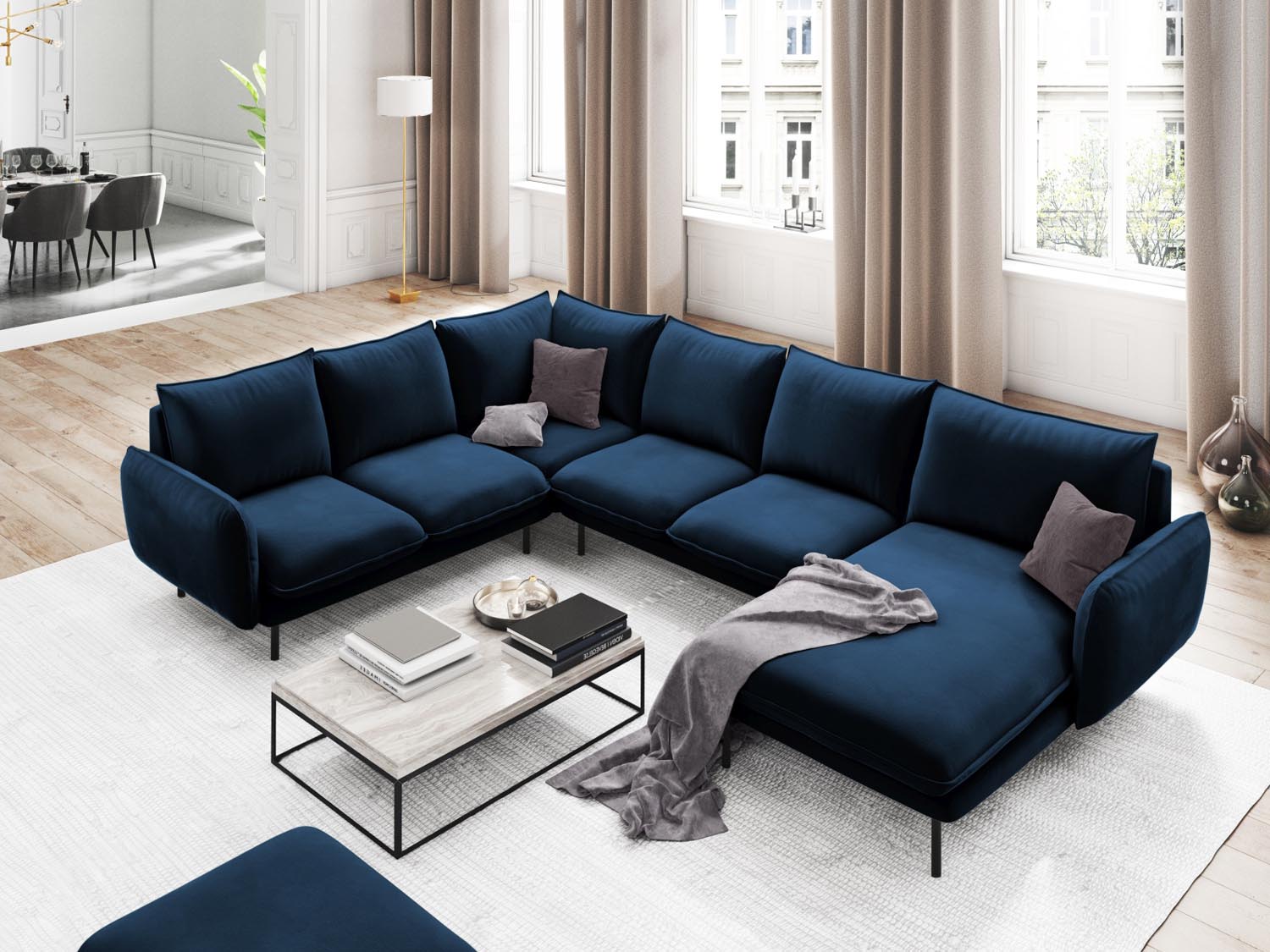 Entdecken Sie das elegante Vienna Velour Panoramic Ecksofa links – ein 7-Sitzer mit 235 cm Breite, ideal für stilvolle Wohnräume.