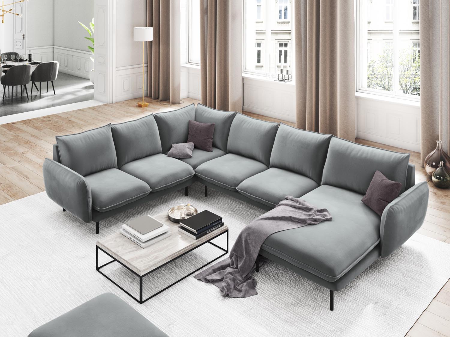 Entdecken Sie das elegante Vienna Velour Panoramic Ecksofa links – ein 7-Sitzer mit 235 cm Breite, ideal für stilvolle Wohnräume.