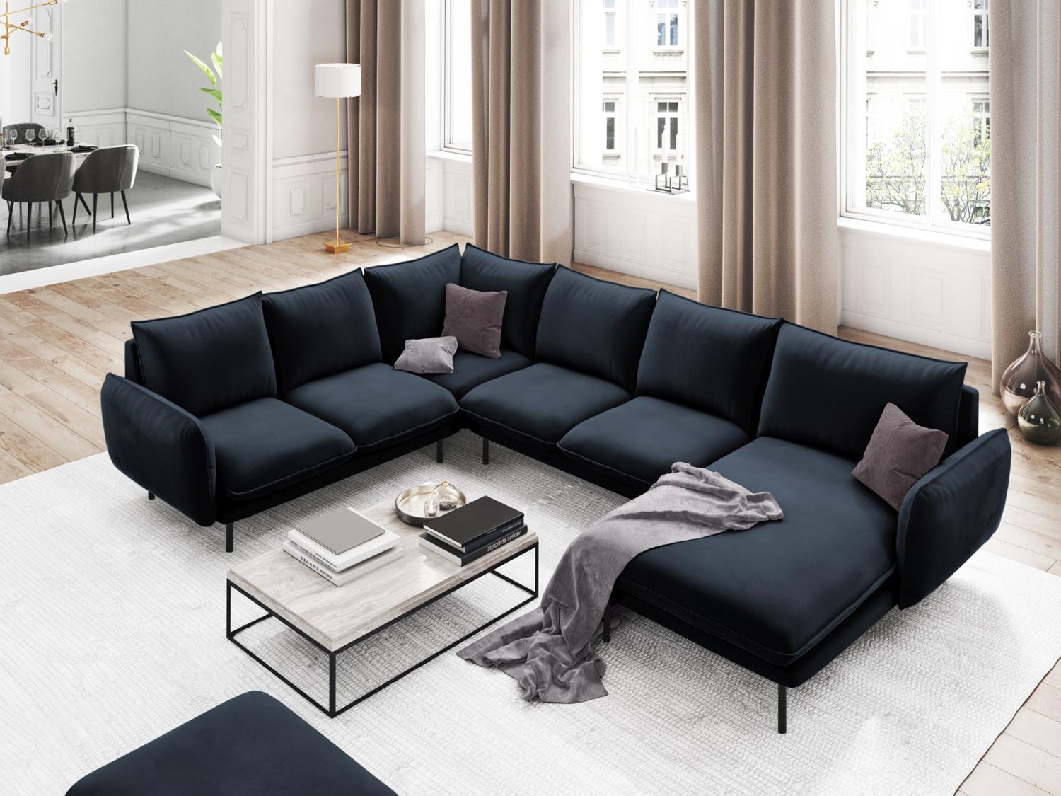 Entdecken Sie das elegante Vienna Velour Panoramic Ecksofa links – ein 7-Sitzer mit 235 cm Breite, ideal für stilvolle Wohnräume.