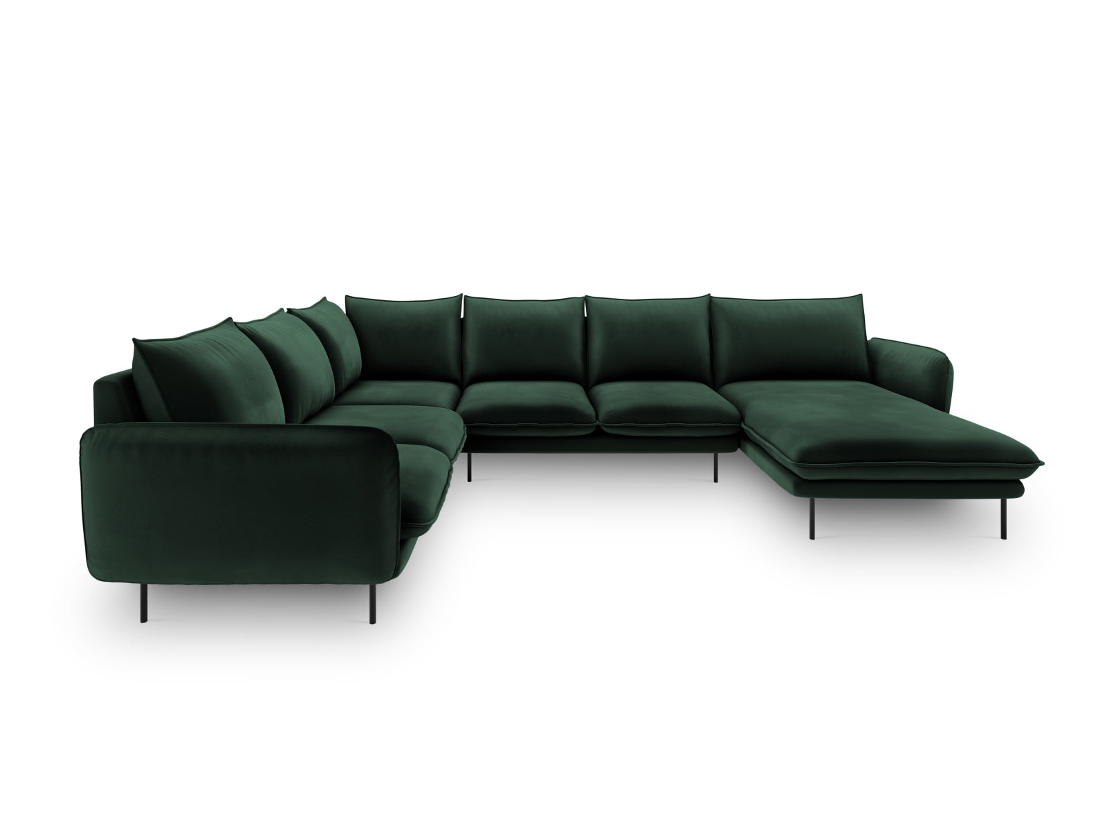 Erleben Sie das Vienna Velour Panoramic Ecksofa links – ein großzügiges 7-Sitzer Sofa mit 235 cm, das Komfort und Stil in Ihr Zuhause bringt.