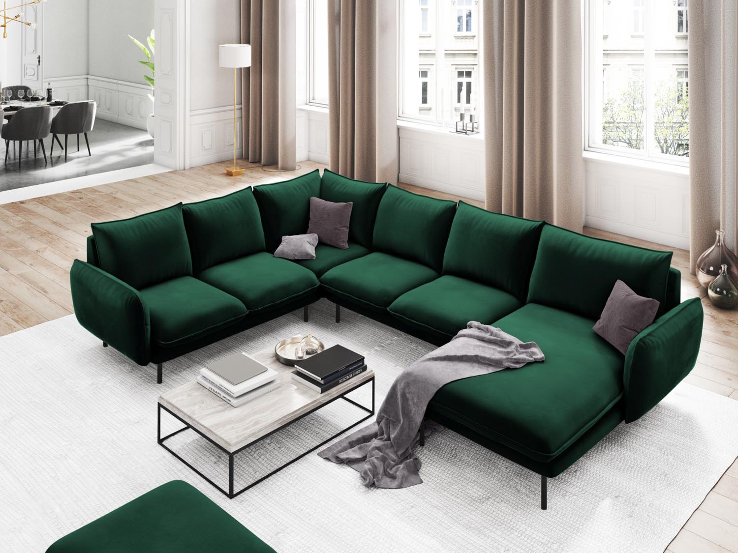 Entdecken Sie das elegante Vienna Velour Panoramic Ecksofa links – ein 7-Sitzer mit 235 cm Breite, ideal für stilvolle Wohnräume.