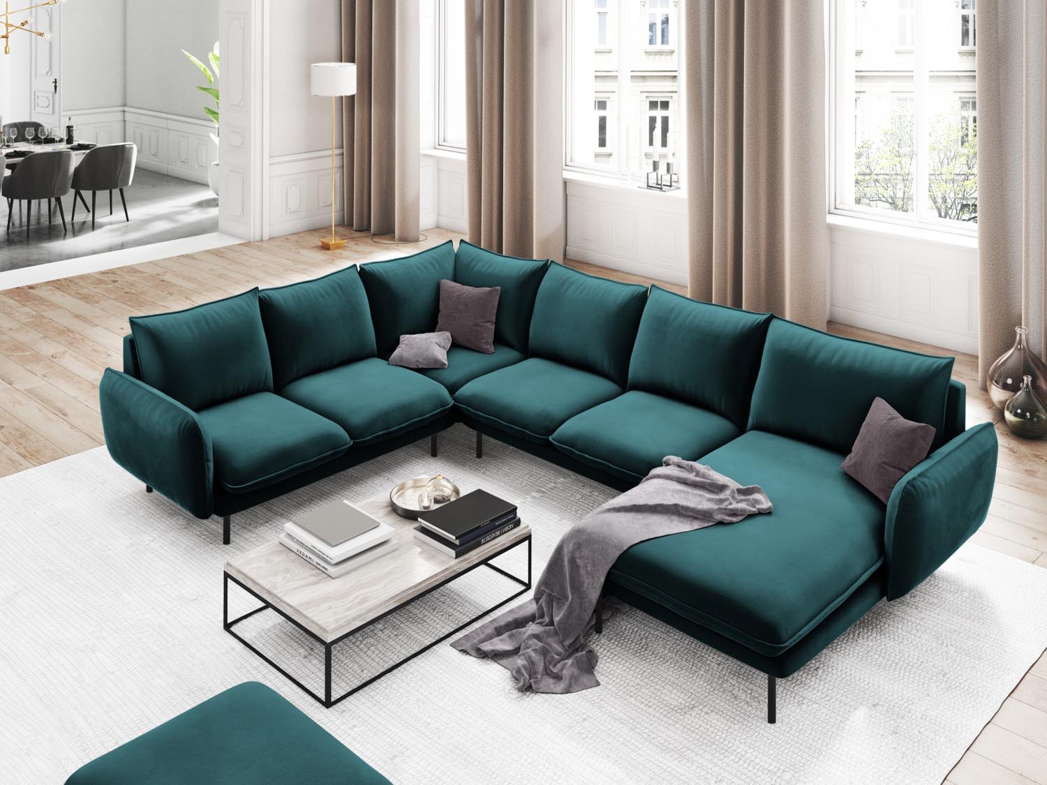 Entdecken Sie das elegante Vienna Velour Panoramic Ecksofa links – ein 7-Sitzer mit 235 cm Breite, ideal für stilvolle Wohnräume.