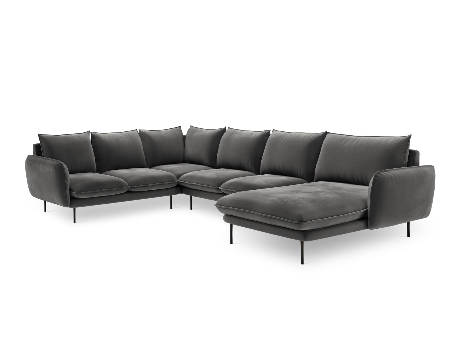 Entdecken Sie das elegante Vienna Velour Panoramic Ecksofa links – ein 7-Sitzer mit 235 cm, das Komfort und modernes Design vereint.