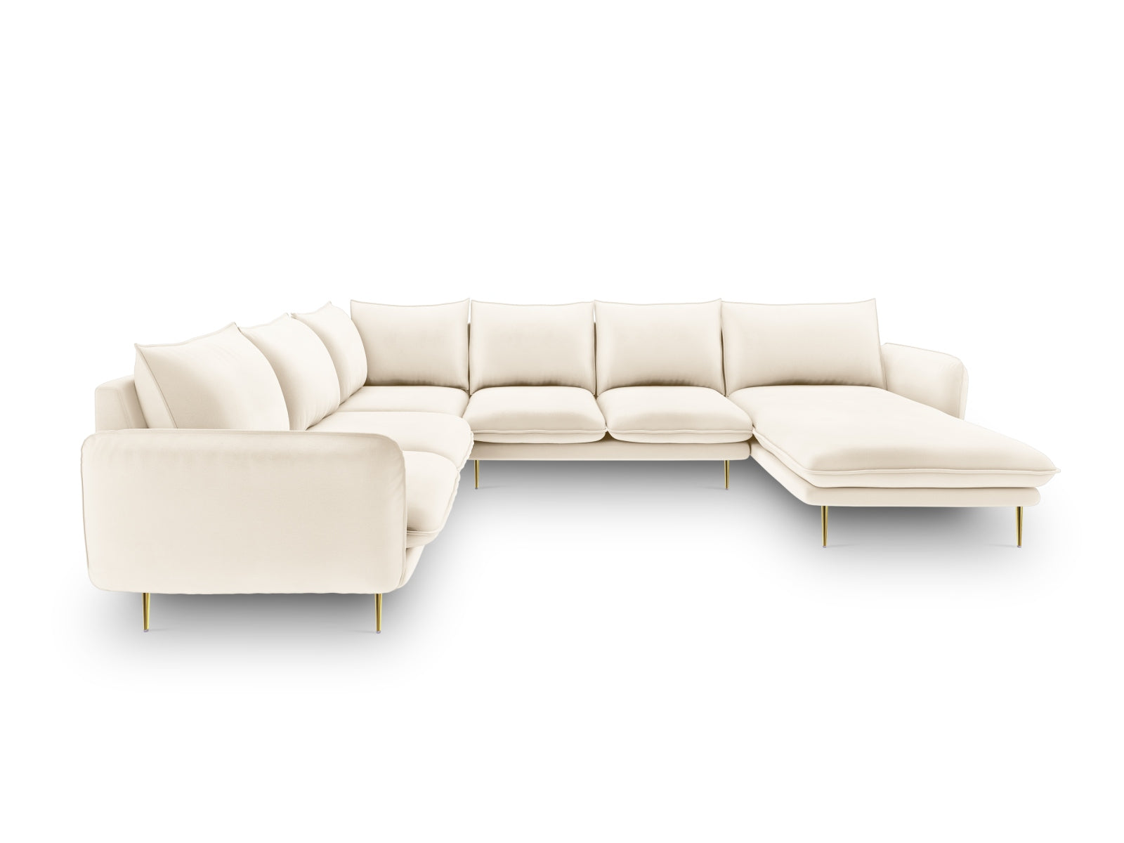 Entspannen Sie stilvoll auf dem Vienna Velour Panoramic Ecksofa links – 7 Sitzer, 235 cm, in elegantem Light Beige/Gold. Ideal für Ihr Zuhause!