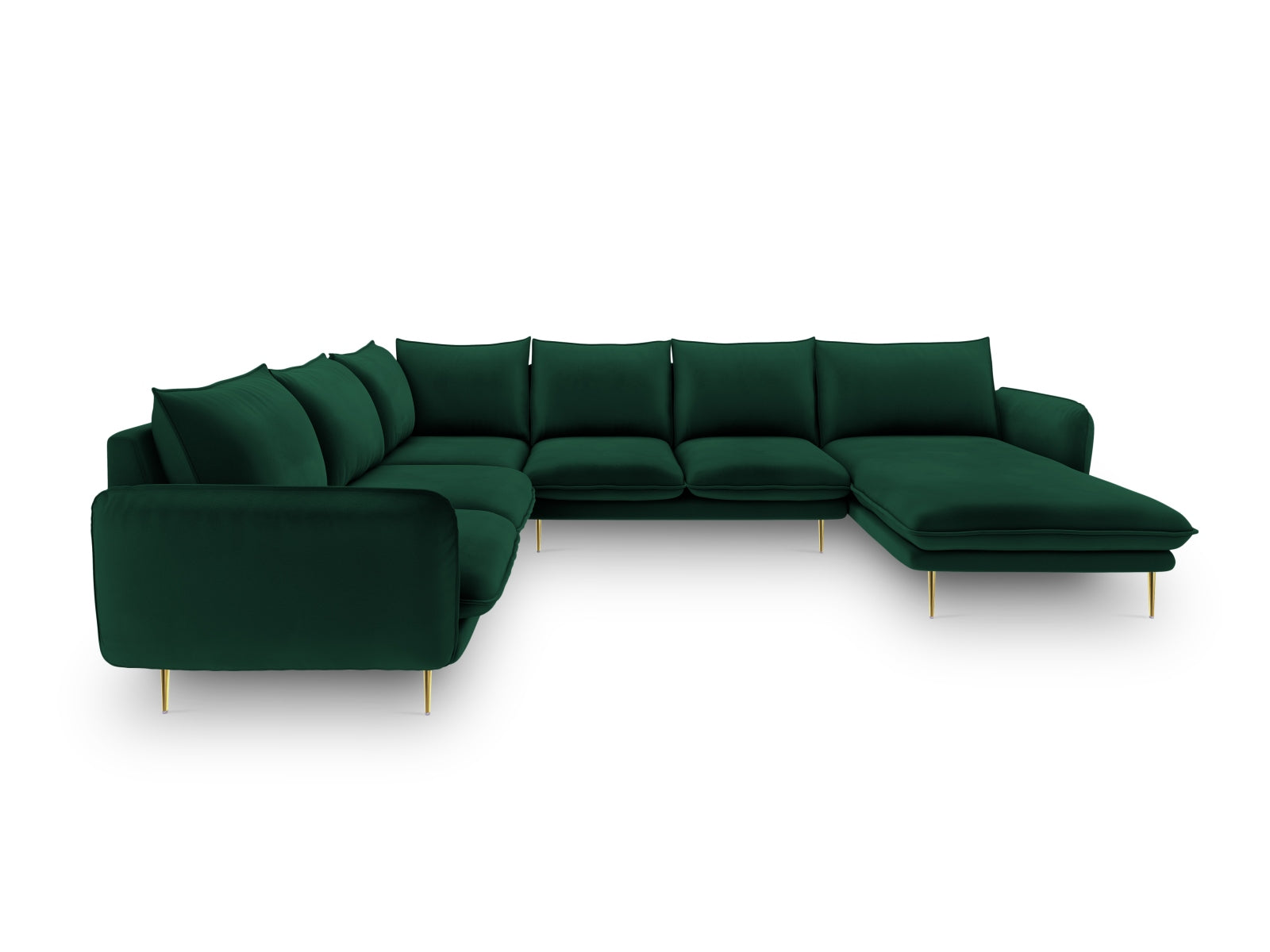 Entdecken Sie das elegante Vienna Velour Panoramic Ecksofa links – ein 7-Sitzer mit 235 cm Breite, ideal für stilvolle Wohnräume.