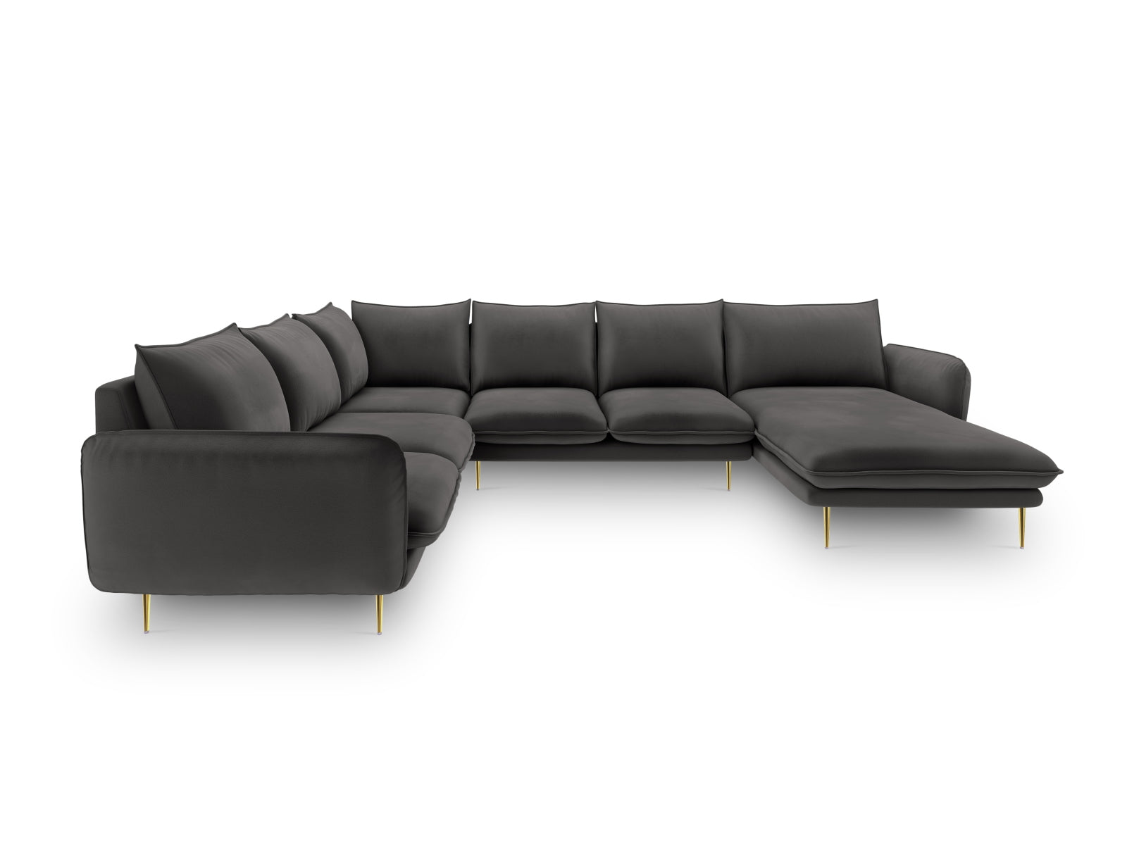 Entdecken Sie das elegante Vienna Velour Panoramic Ecksofa links – ein 7-Sitzer mit 235 cm Breite, ideal für stilvolle Wohnräume.