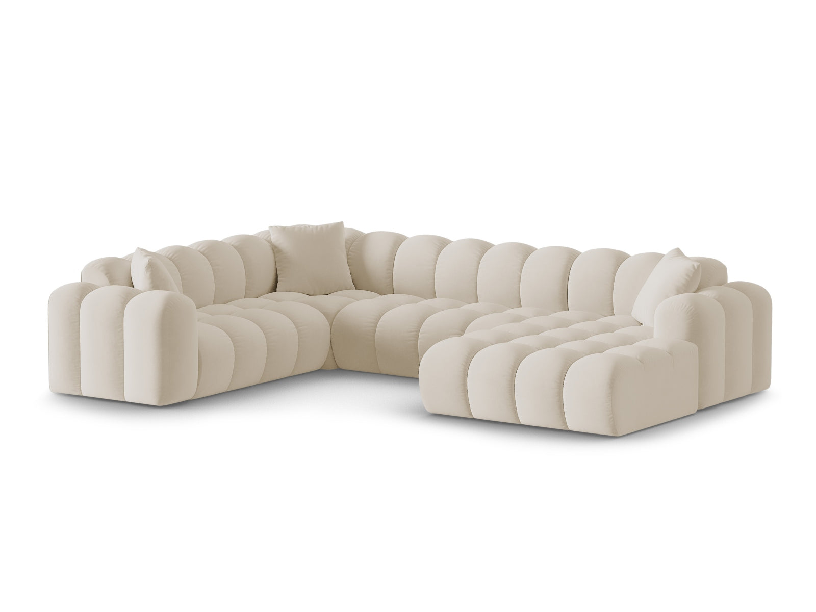 Elegantes 4-Sitzer Panoramic Ecksofa links Treno in stilvollem Dark Beige-Bluvel, ideal für moderne Wohnräume.