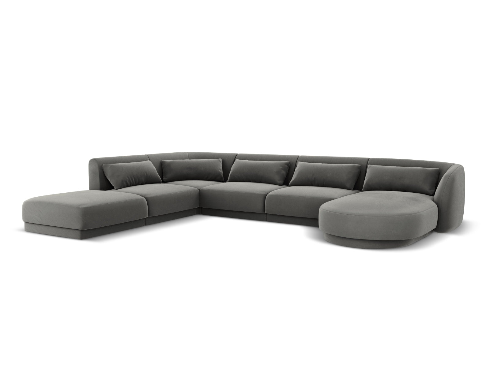 Modernes Tulum Velour Panoramic Ecksofa links in hellem Grau-Blau, perfekt für gemütliche Zusammenkünfte und stilvolle Einrichtung.