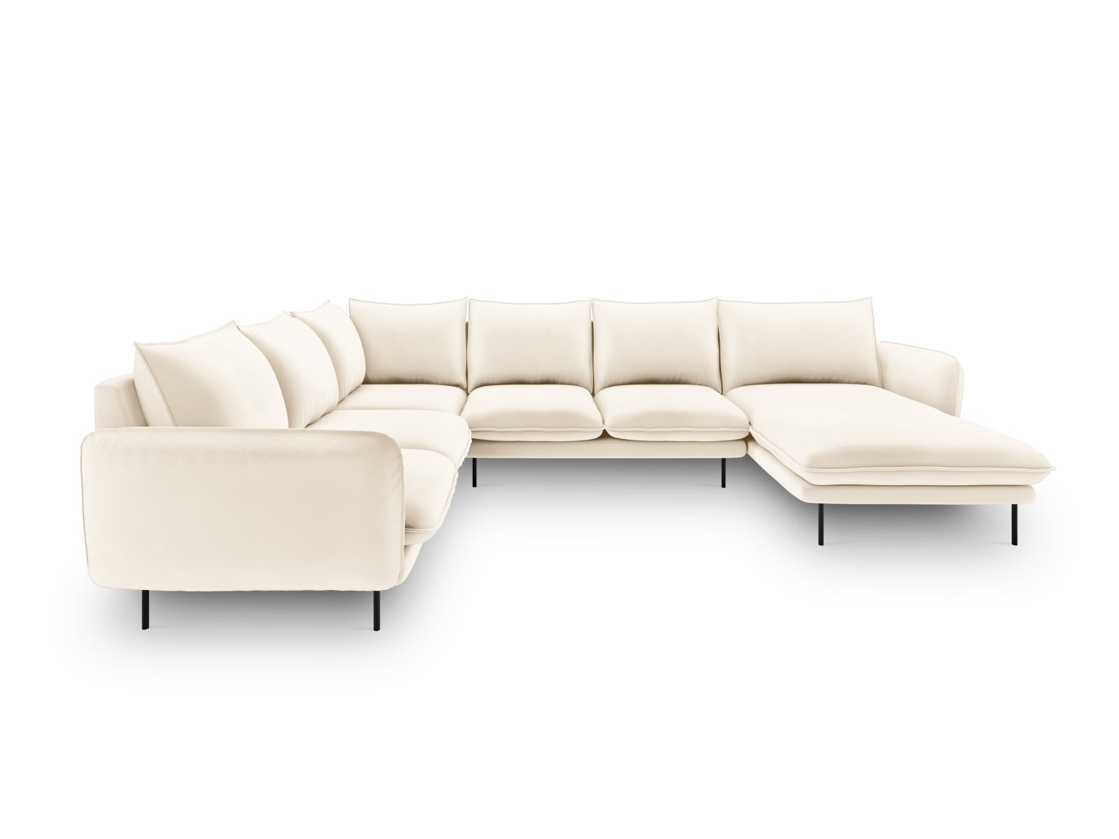 Entdecken Sie das elegante Vienna Velour Panoramic Ecksofa links – ein 7-Sitzer mit 235 cm Breite, ideal für stilvolle Wohnräume.