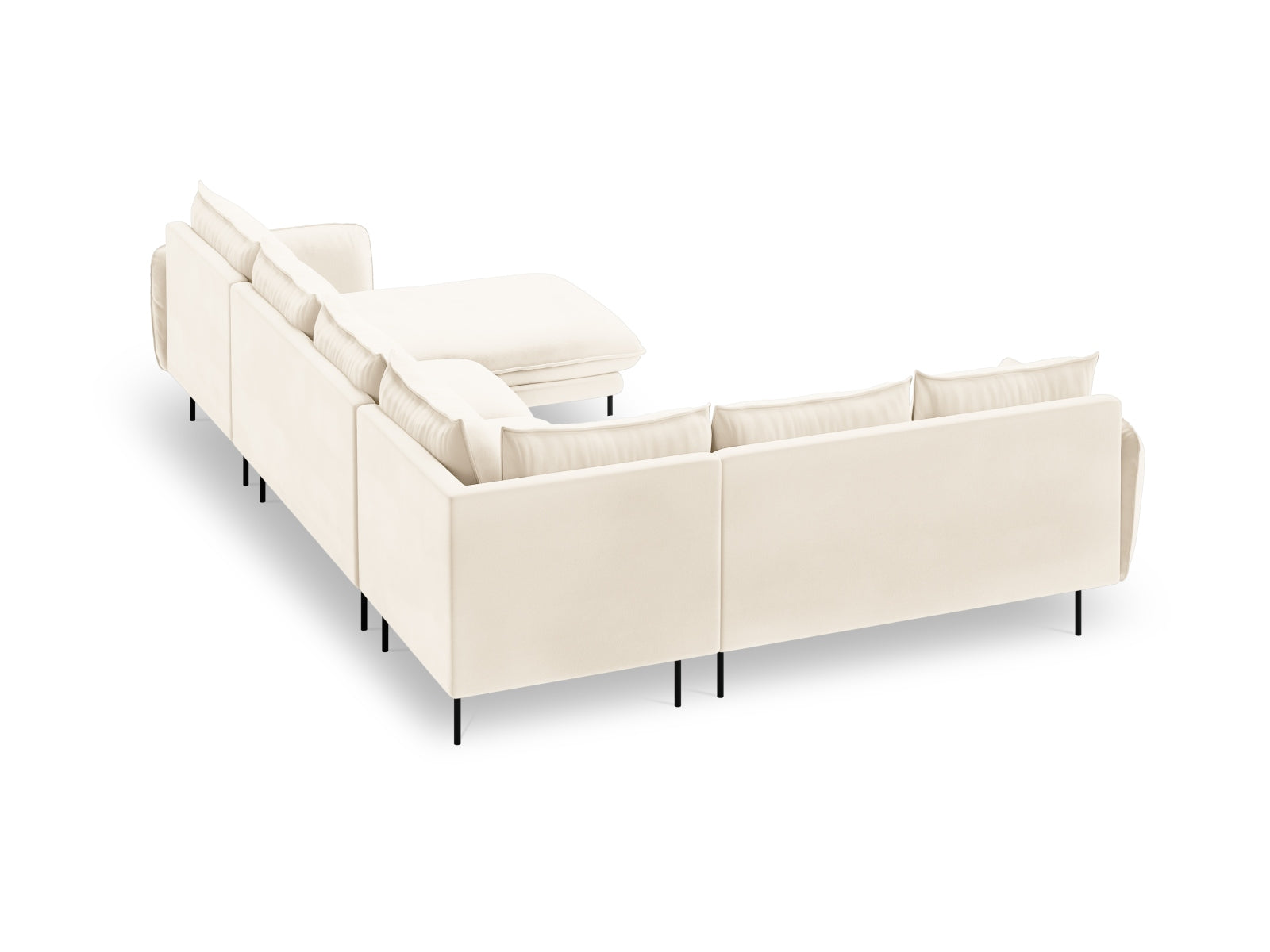 Elegantes 7-sitziges Ecksofa in Velours, linksseitig, in sanften Beige- und Schwarz-Tönen, ideal für stilvolle Wohnräume.