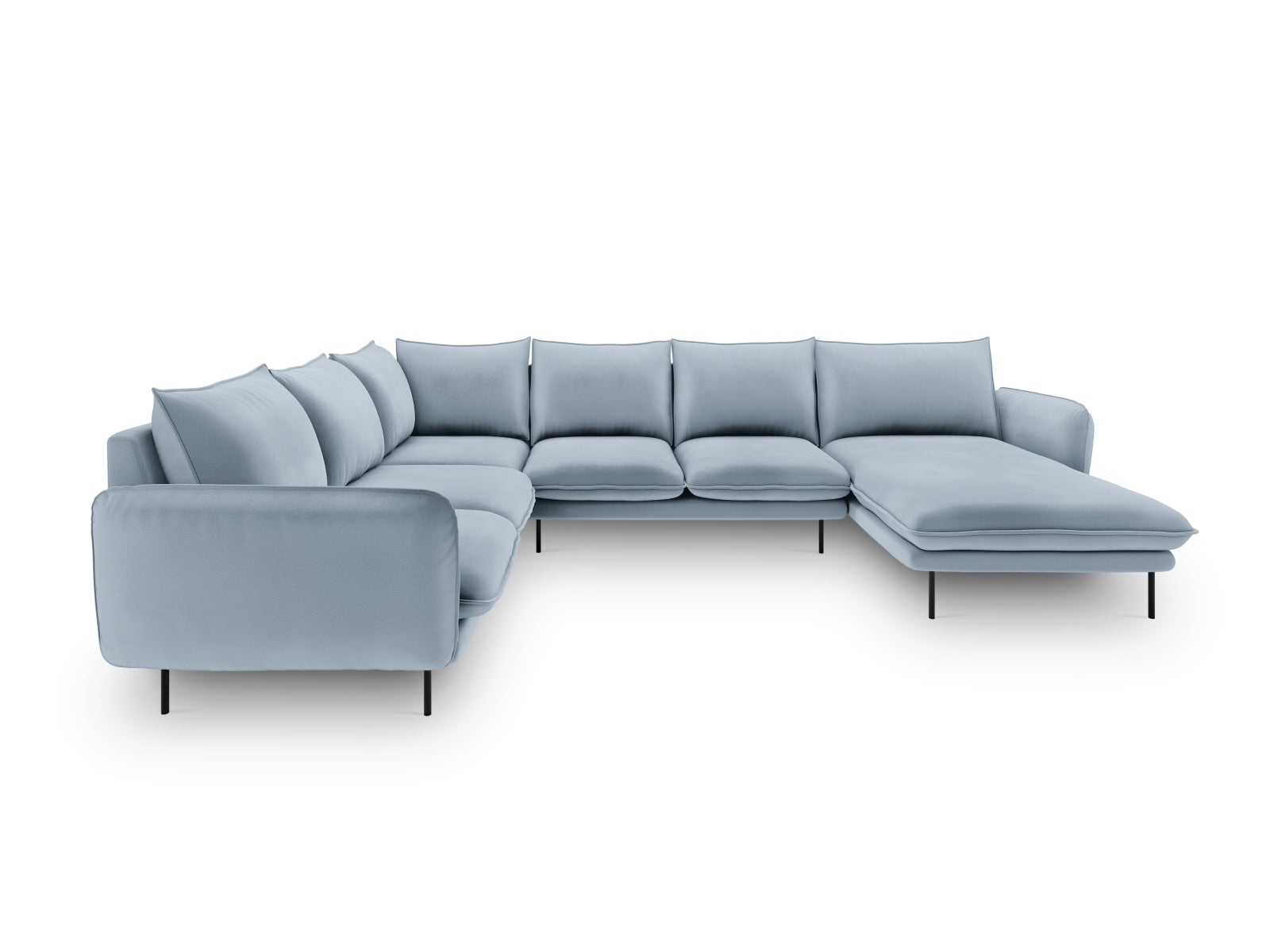 Entdecken Sie das elegante Vienna Velour Panoramic Ecksofa links – ein 7-Sitzer mit 235 cm Breite, ideal für stilvolle Wohnräume.