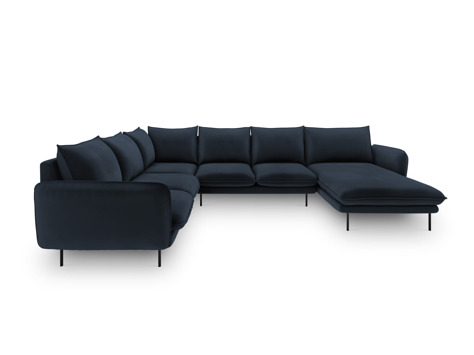 Elegantes Vienna Velour Panoramic Ecksofa links in Dunkelblau, 7-Sitzer, 235 cm, ideal für stilvolle Wohnräume.