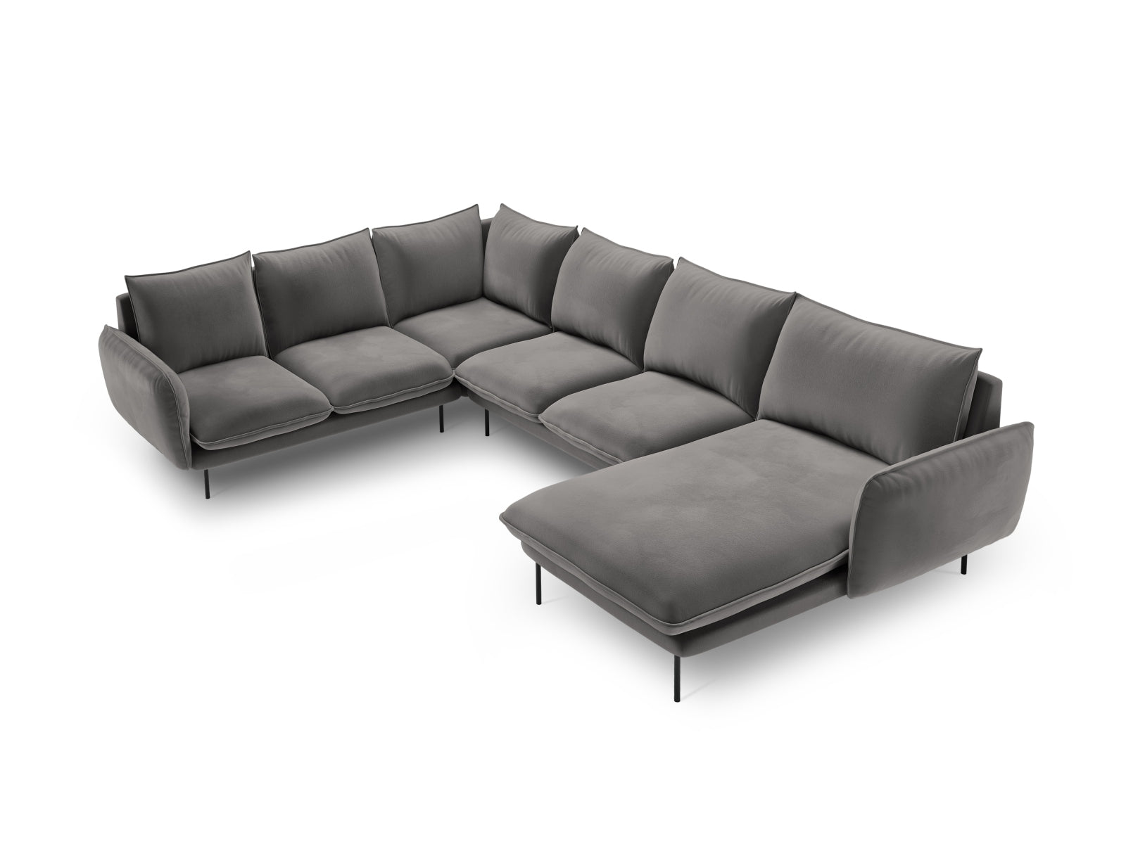 Erleben Sie das Vienna Velour Panoramic Ecksofa links – ein stilvolles 7-Sitzer Sofa mit 235 cm, das höchsten Komfort und modernes Design in Ihr Zuhause bringt.