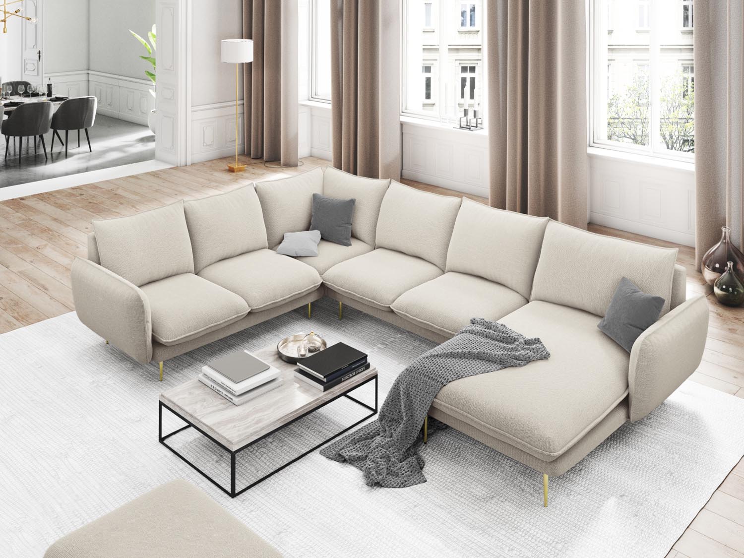 Entdecken Sie das elegante Vienna Panoramic Ecksofa links von Cosmopolitan Design – ein 7-Sitzer mit 235 cm Breite, ideal für gesellige Abende.