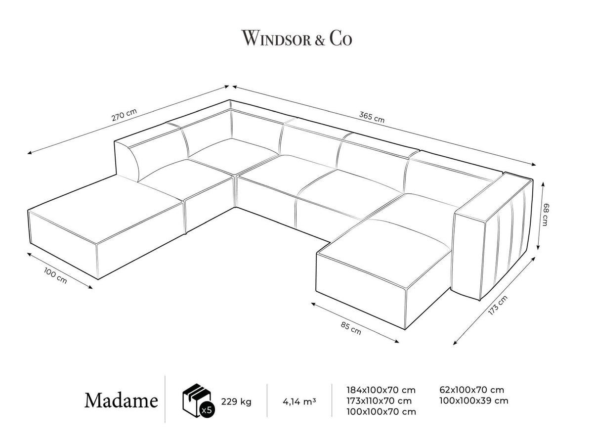 Panorama-Ecksofa links Turin aus Rindsleder in Grau-Braun-Granada, mit Buchenholzbeinen, Récamiere und Rückenkissen, 6 Sitzplätze.