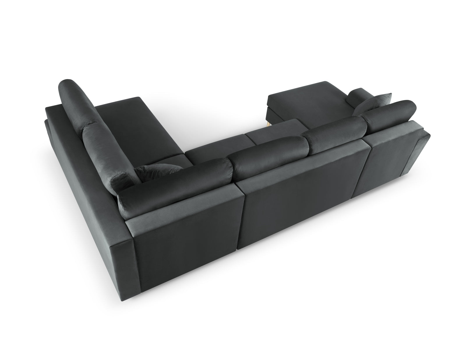 Entdecken Sie das elegante Kyoto Velour Panoramic Ecksofa rechts – ein 7-Sitzer mit luxuriösem Velour, Schlaffunktion und praktischem Stauraum.