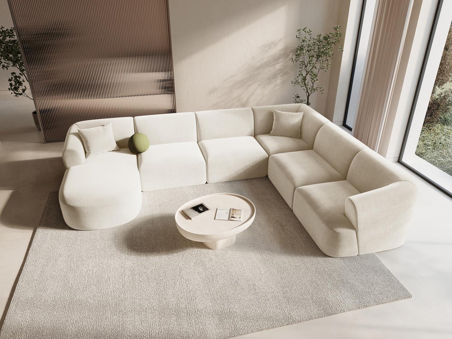 Entdecken Sie das stilvolle Campi Velour Modular Panoramic Ecksofa rechts 7 Sitzer von Cosmopolitan Design – perfekt für Ihr modernes Wohnzimmer, flexibel und bequem.