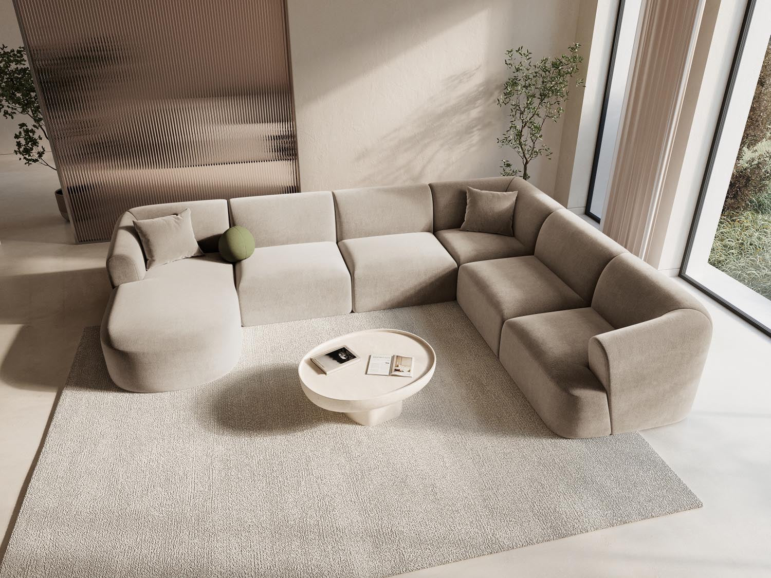 Entdecken Sie das stilvolle Campi Velour Modular Panoramic Ecksofa rechts 7 Sitzer von Cosmopolitan Design – perfekt für Ihr modernes Wohnzimmer, flexibel und bequem.