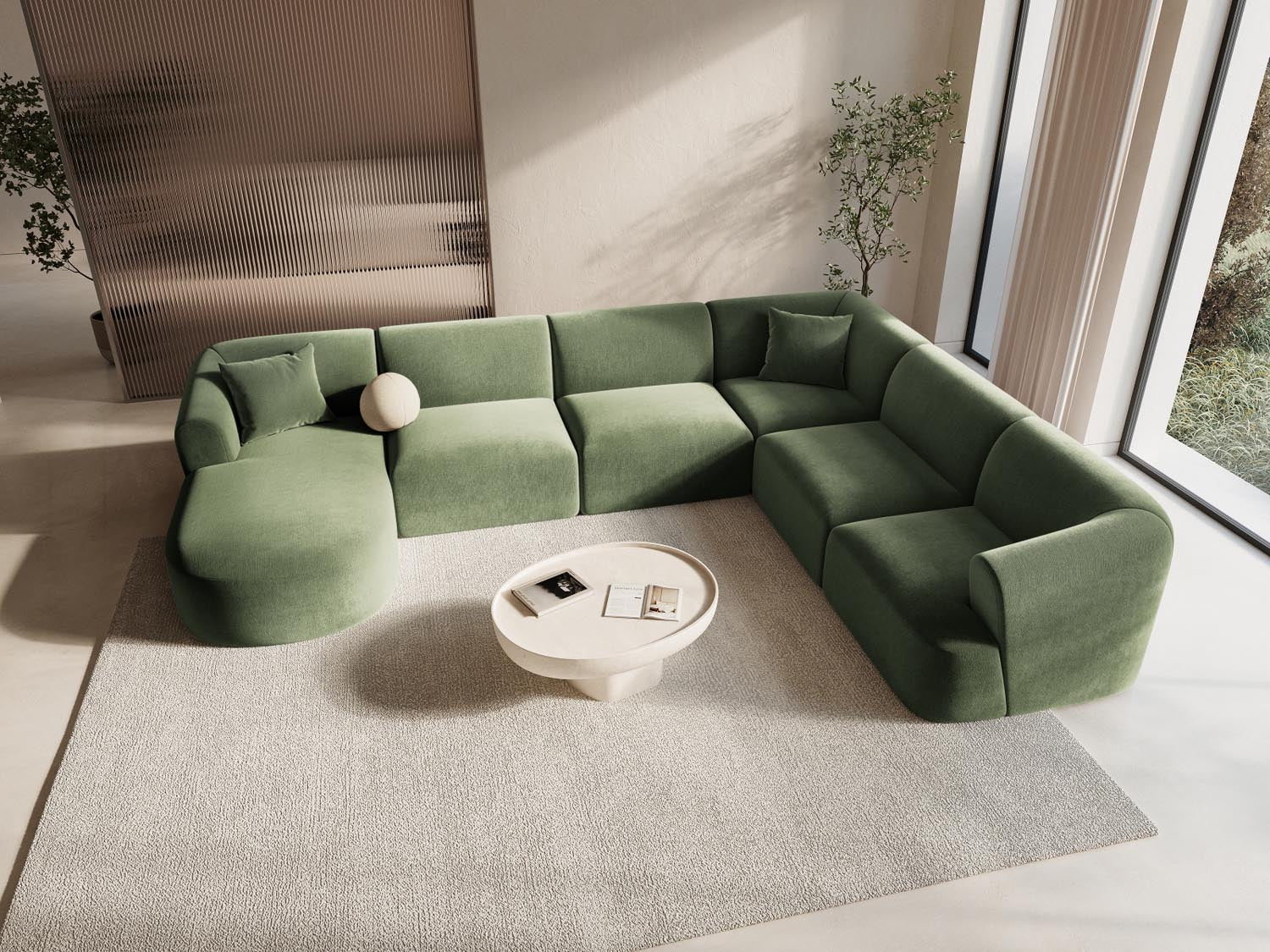 Entdecken Sie das stilvolle Campi Velour Modular Panoramic Ecksofa rechts 7 Sitzer von Cosmopolitan Design – perfekt für Ihr modernes Wohnzimmer, flexibel und bequem.