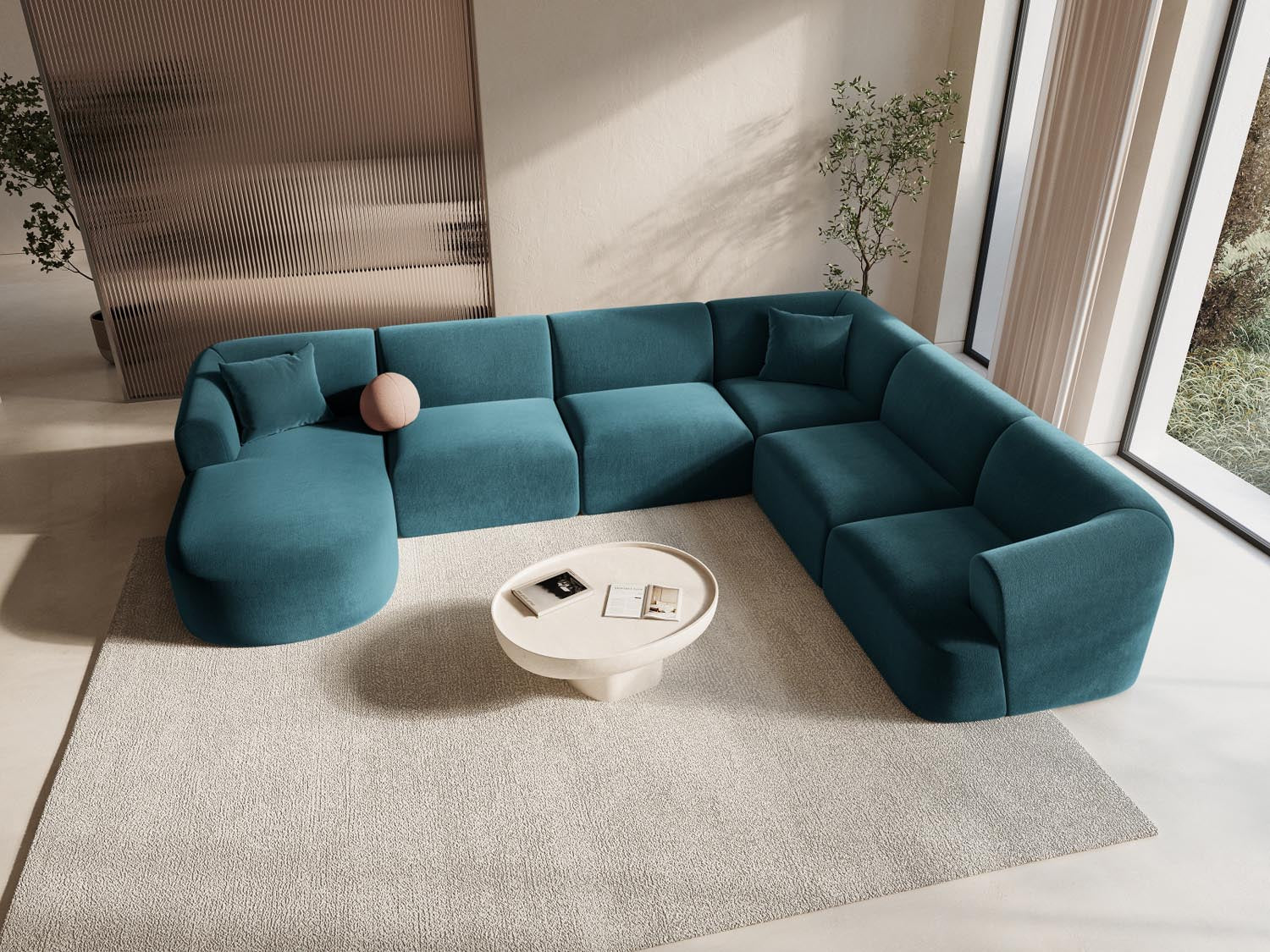 Entdecken Sie das stilvolle Campi Velour Modular Panoramic Ecksofa rechts 7 Sitzer von Cosmopolitan Design – perfekt für Ihr modernes Wohnzimmer, flexibel und bequem.