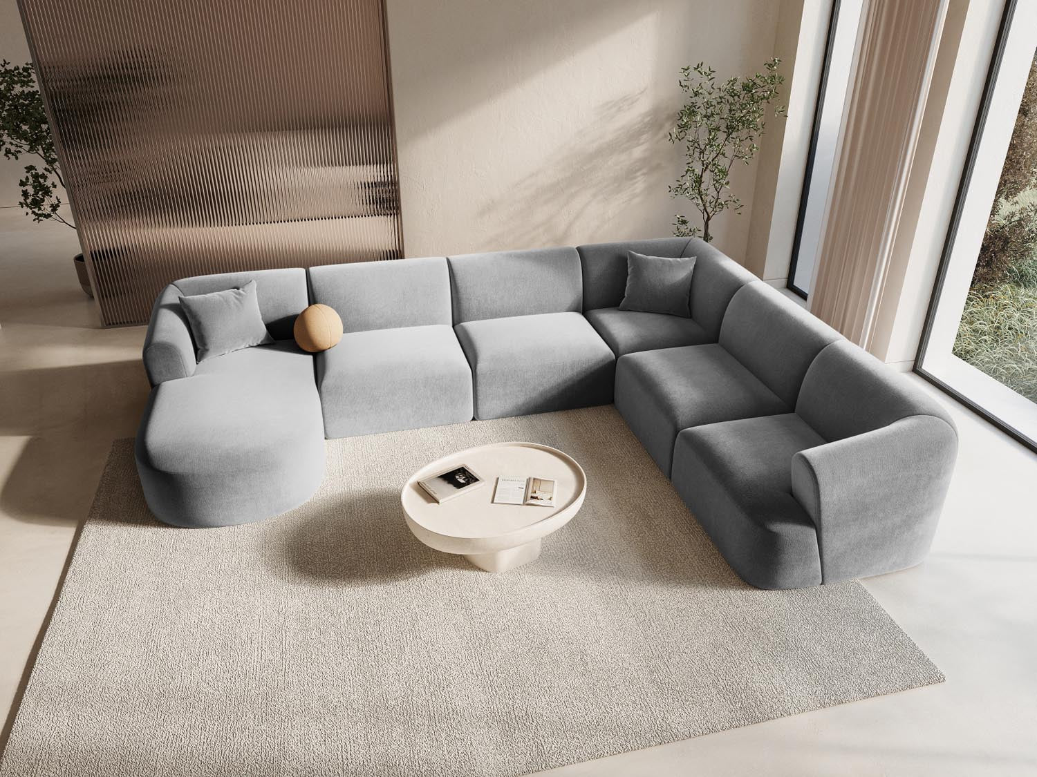 Entdecken Sie das stilvolle Campi Velour Modular Panoramic Ecksofa rechts 7 Sitzer von Cosmopolitan Design – perfekt für Ihr modernes Wohnzimmer, flexibel und bequem.