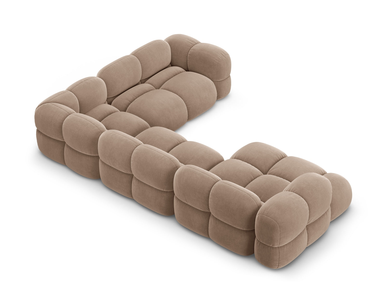 Entdecken Sie das Loretto Velour Panoramic Ecksofa rechts, ein stilvolles 5-Sitzer Sofa mit 250 cm, das Komfort und Eleganz in Ihr Wohnzimmer zaubert.