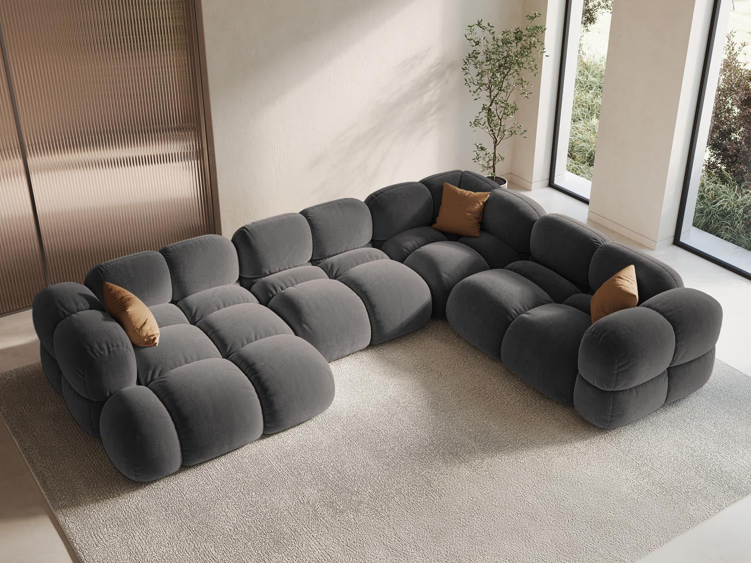 Entdecken Sie das stilvolle Loretto Velour Panoramic Ecksofa rechts, 5-Sitzer mit 250 cm, ideal für Ihr modernes Wohnzimmer. Luxuriöser Velourstoff und optimaler Komfort vereinen sich in diesem eleganten Möbelstück.