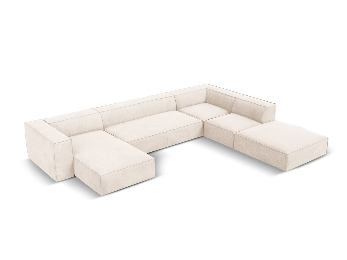 Ecksofa rechts Turin von Cosmopolitan Design in Light Beige-Rosario Chenille-Stoff mit Beinen aus schwarzem Buchenholz und weicher Sitzpolsterung.