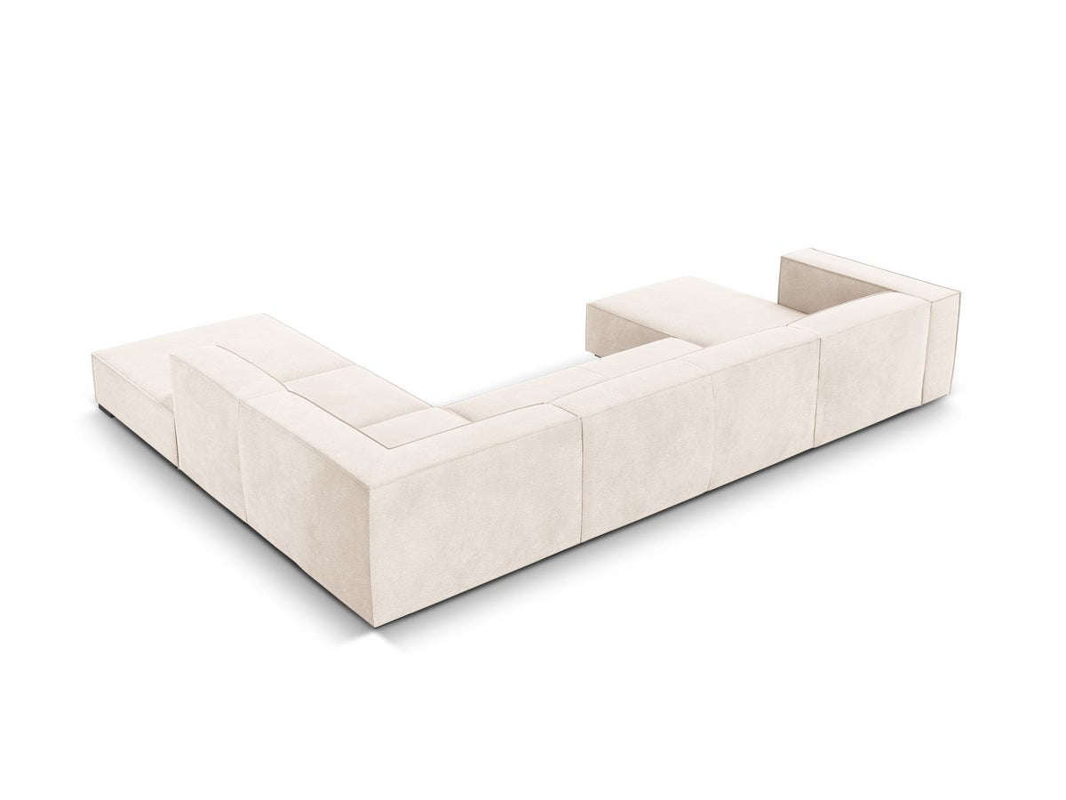 Ecksofa rechts Turin von Cosmopolitan Design in Light Beige-Rosario Chenille-Stoff mit Beinen aus schwarzem Buchenholz und weicher Sitzpolsterung.