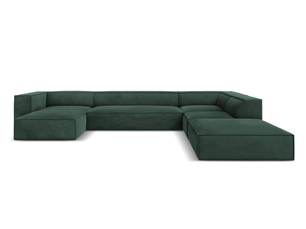 Ecksofa rechts Turin von Cosmopolitan Design in Light Beige-Rosario Chenille-Stoff mit Beinen aus schwarzem Buchenholz und weicher Sitzpolsterung.