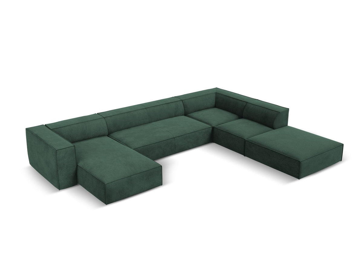Ecksofa rechts Turin von Cosmopolitan Design in Light Beige-Rosario Chenille-Stoff mit Beinen aus schwarzem Buchenholz und weicher Sitzpolsterung.