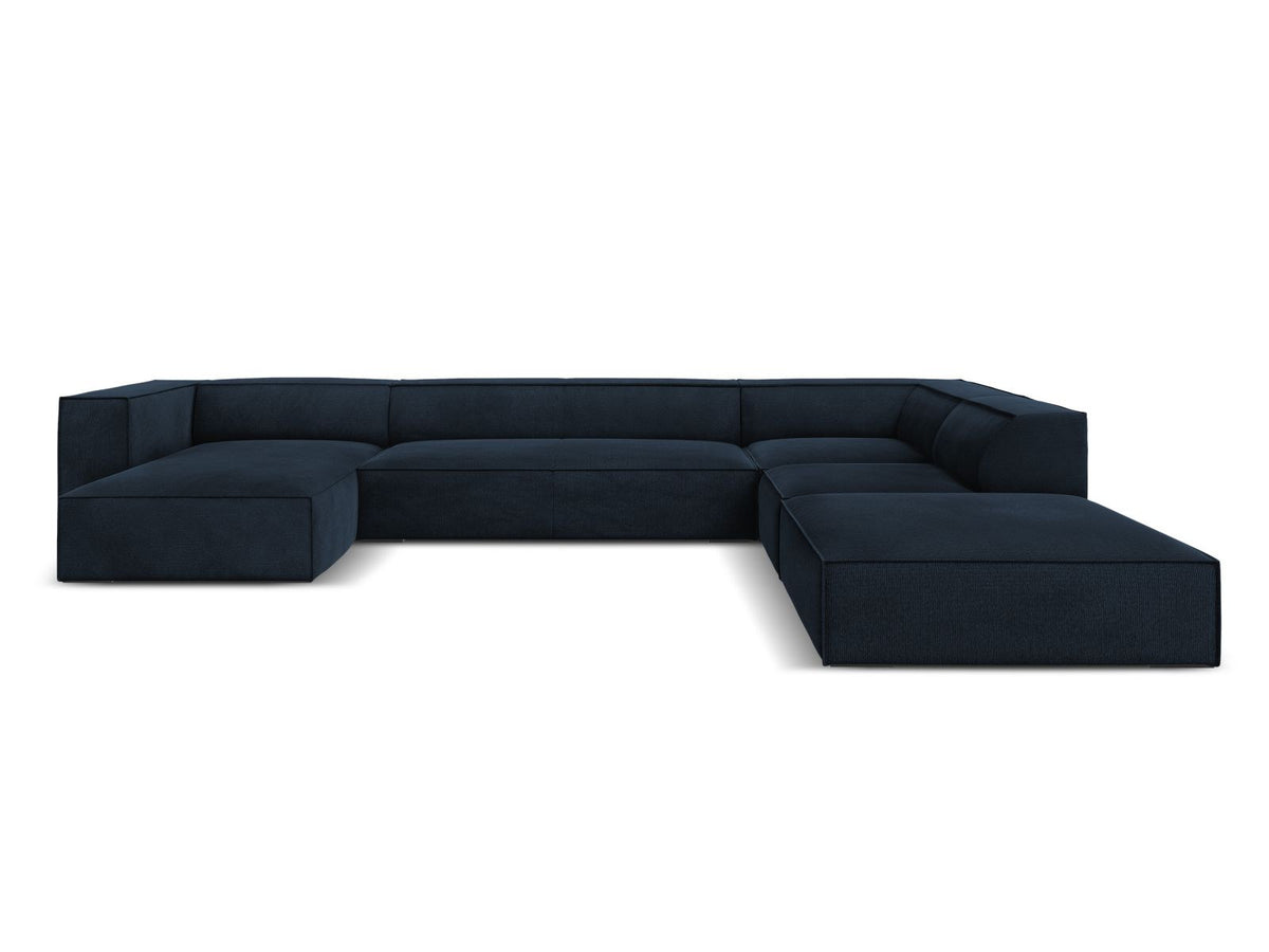 Ecksofa rechts Turin von Cosmopolitan Design in Light Beige-Rosario Chenille-Stoff mit Beinen aus schwarzem Buchenholz und weicher Sitzpolsterung.