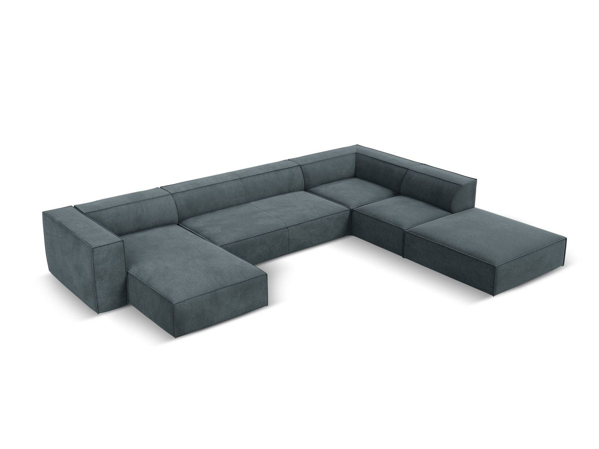 Ecksofa rechts Turin von Cosmopolitan Design in Light Beige-Rosario Chenille-Stoff mit Beinen aus schwarzem Buchenholz und weicher Sitzpolsterung.