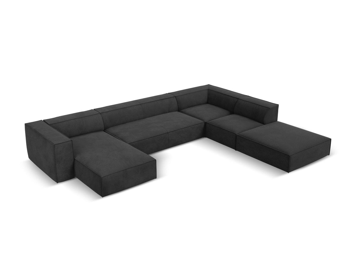 Ecksofa rechts Turin von Cosmopolitan Design in Light Beige-Rosario Chenille-Stoff mit Beinen aus schwarzem Buchenholz und weicher Sitzpolsterung.