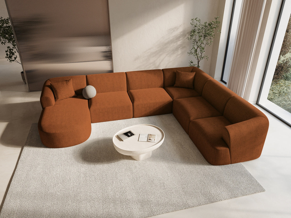 Modulares Ecksofa Campi mit Récamière rechts, Stoffbezug und schwarzen Beinen