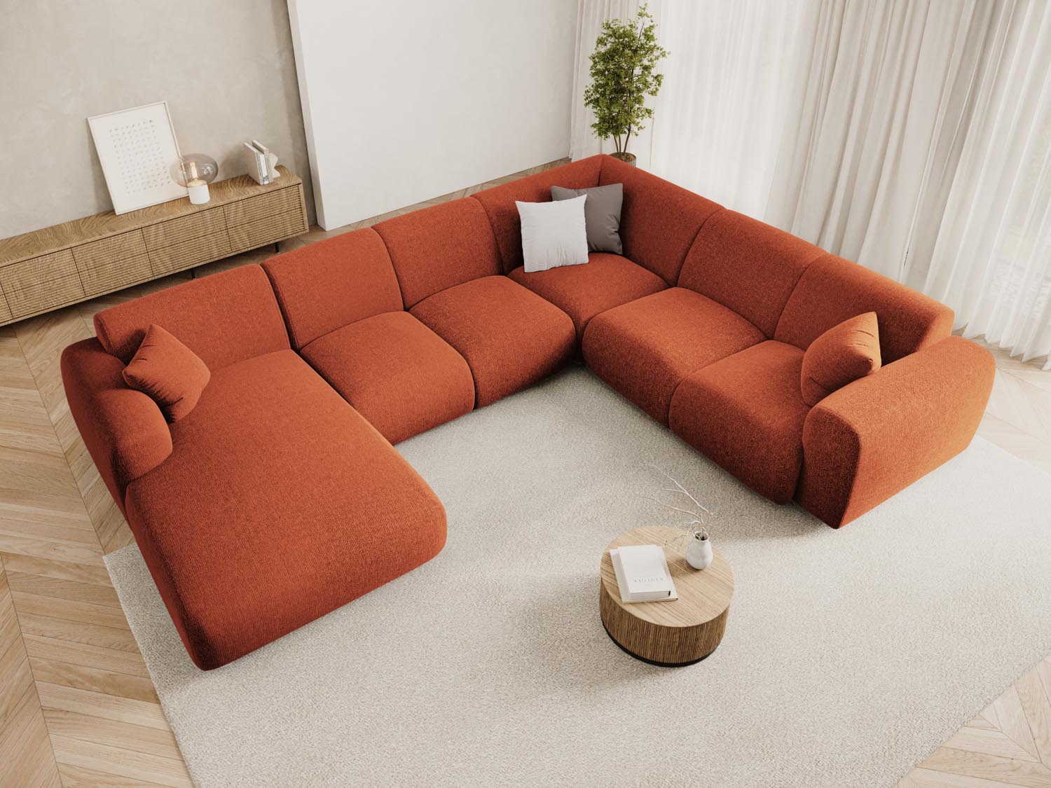 Elegantes Nolio Panoramic Ecksofa in Terracotta, 6-Sitzer, 252 cm, ideal für stilvolle Wohnräume, präsentiert von Cosmopolitan Design.