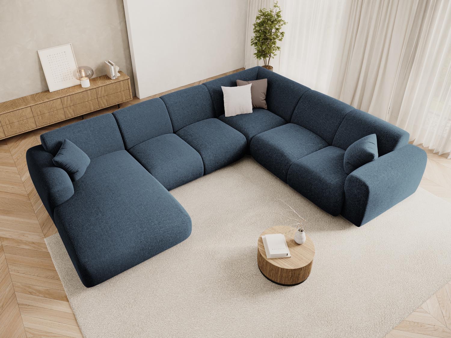 Elegantes Nolio Panoramic Ecksofa in Royal Blue, 6-Sitzer, 252 cm, ideal für stilvolle Wohnräume, präsentiert von Cosmopolitan Design.