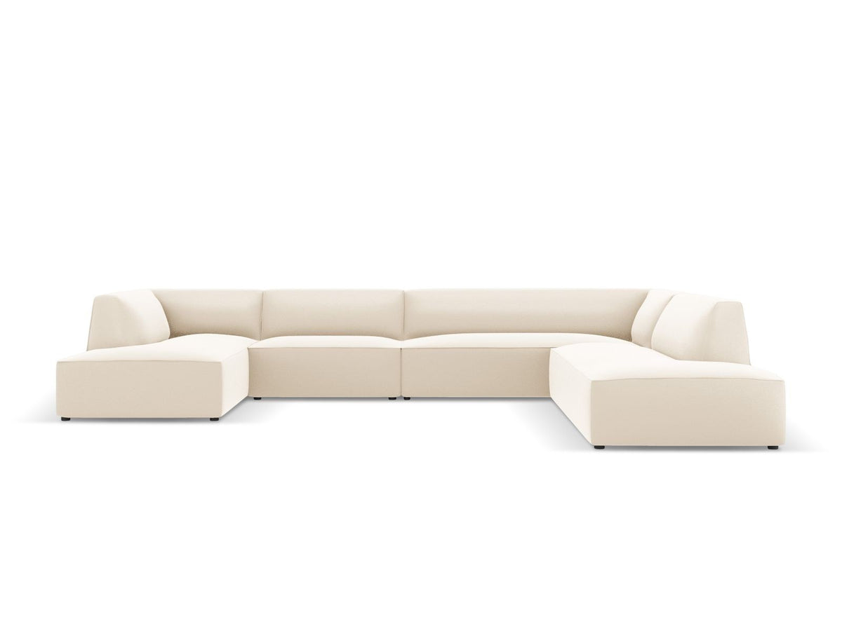 Modulares Panorama-Ecksofa rechts der Serie Siena von Cosmopolitan Design mit Kunstlederbezug Pacifico Cream, schwarzen Kunststoffbeinen und Récamiere.