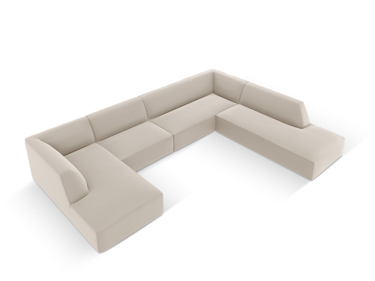 Modulares Panorama-Ecksofa rechts der Serie Siena von Cosmopolitan Design mit Kunstlederbezug Pacifico Cream, schwarzen Kunststoffbeinen und Récamiere.