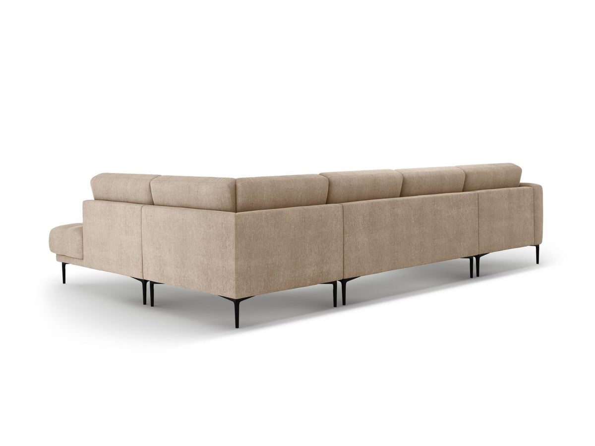 Beige-Sorella Ecksofa Lazio rechts mit Récamiere, Tweed-Stoffbezug, schwarzen Metallbeinen und breiter Sitzfläche für sieben Personen