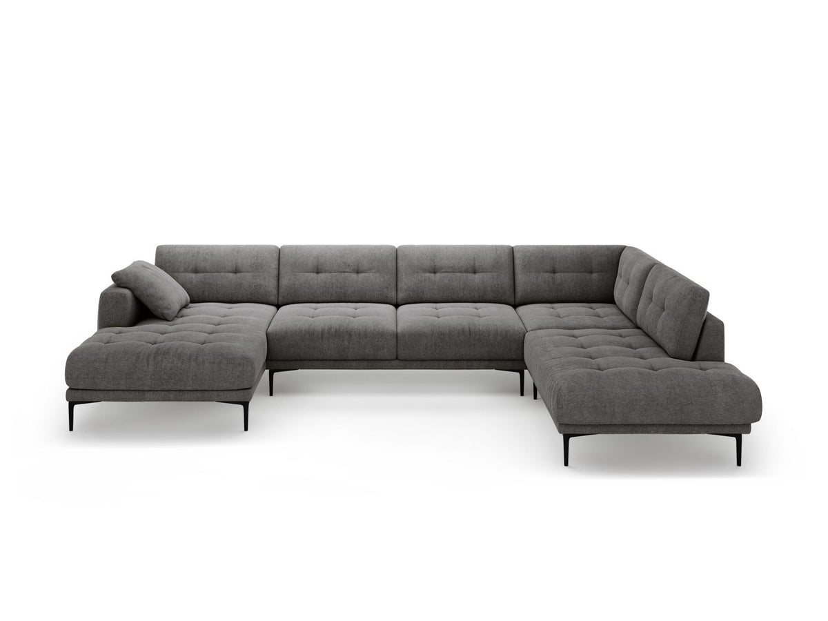 Beige-Sorella Ecksofa Lazio rechts mit Récamiere, Tweed-Stoffbezug, schwarzen Metallbeinen und breiter Sitzfläche für sieben Personen