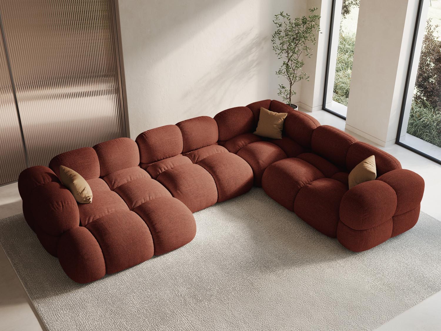 Elegantes Loretto Panoramic Ecksofa in Coral-Sorella, 5-Sitzer, 250 cm, ideal für stilvolle Wohnräume, präsentiert von Cosmopolitan Design.