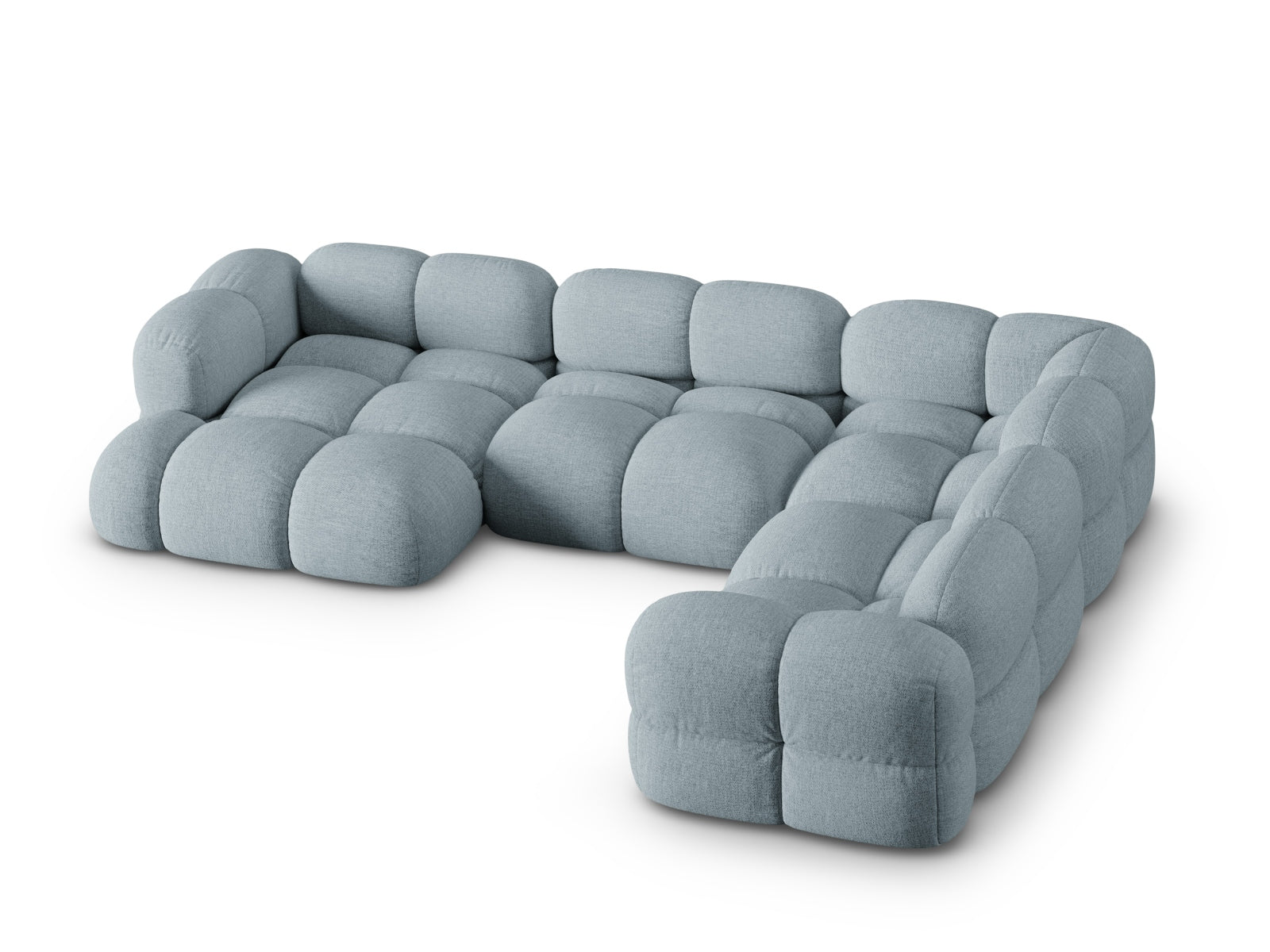 Modernes Loretto Panoramic Ecksofa in sanftem Pastellblau, 5-Sitzer mit 250 cm, perfekt für gemütliche und stilvolle Wohnbereiche.