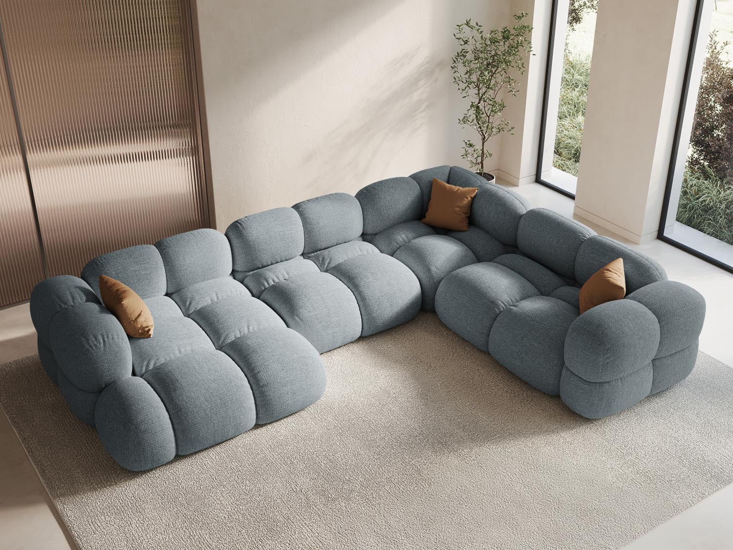 Elegantes Loretto Panoramic Ecksofa in Pastellblau, ideal für stilvolle Wohnräume, präsentiert als 5-Sitzer mit großzügigen 250 cm.
