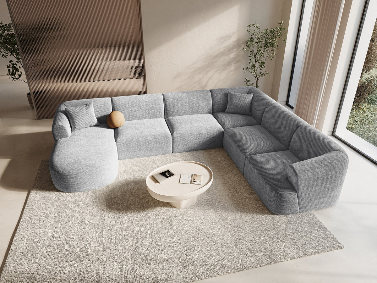 Modulares Ecksofa Campi mit Récamière rechts, Stoffbezug und schwarzen Beinen