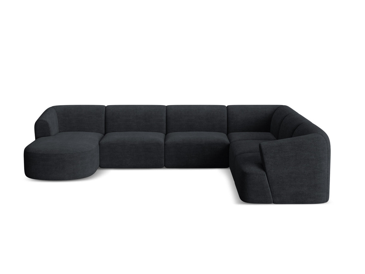 Modulares Ecksofa Campi mit Récamière rechts, Stoffbezug und schwarzen Beinen