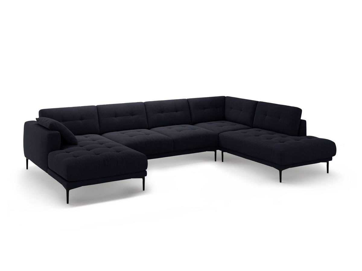 Cosmopolitan Design Lazio Panorama-Ecksofa rechts in Beige-Salvador Samt mit schwarzen Metallbeinen und Récamiere, 7-Sitzer Ausführung.