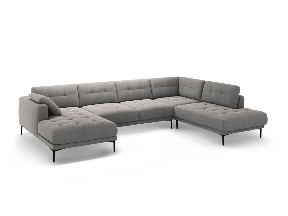Cosmopolitan Design Lazio Panorama-Ecksofa rechts in Beige-Salvador Samt mit schwarzen Metallbeinen und Récamiere, 7-Sitzer Ausführung.