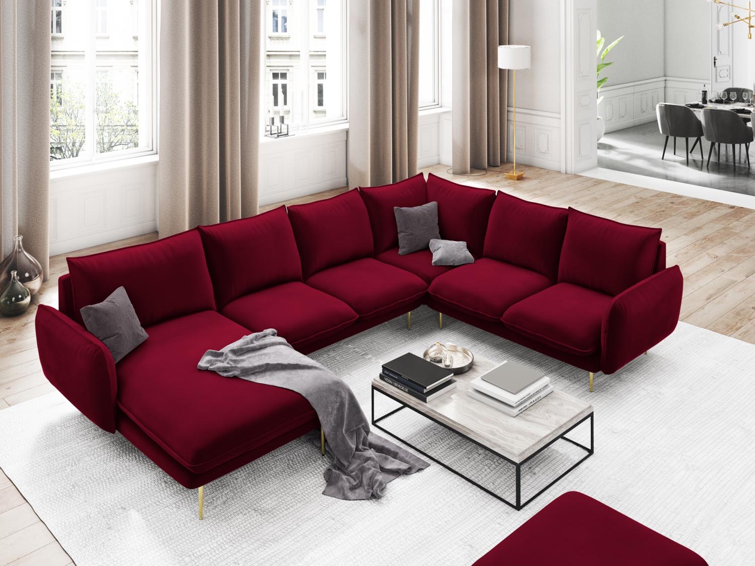 Entdecken Sie das elegante Vienna Velour Panoramic Ecksofa rechts – 7 Sitzer mit 235 cm von Cosmopolitan Design. Stilvoller Komfort für Ihr Zuhause!