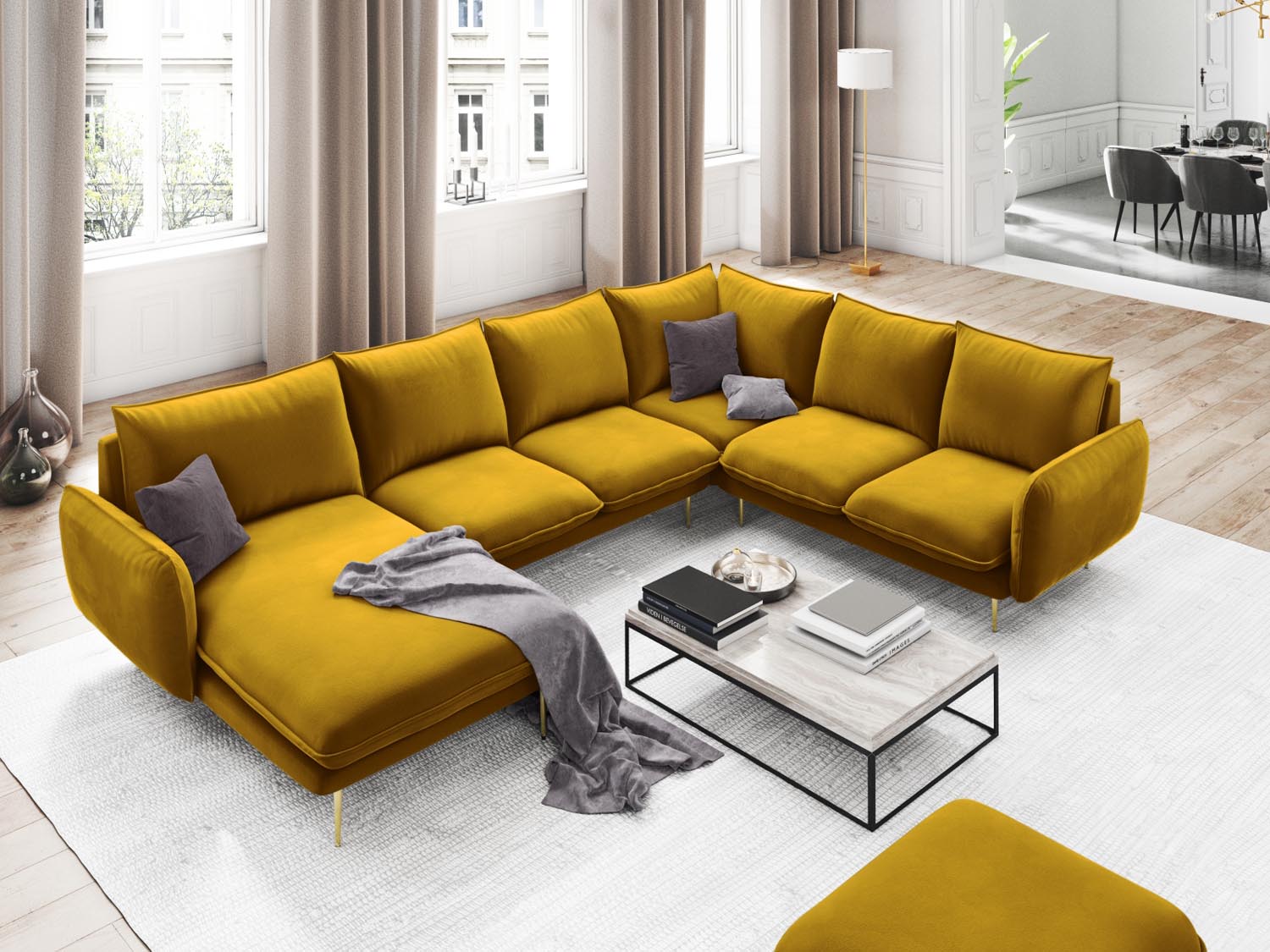 Entdecken Sie das elegante Vienna Velour Panoramic Ecksofa rechts – 7 Sitzer mit 235 cm Breite von Cosmopolitan Design. Ideal für stilvolle Wohnzimmer!